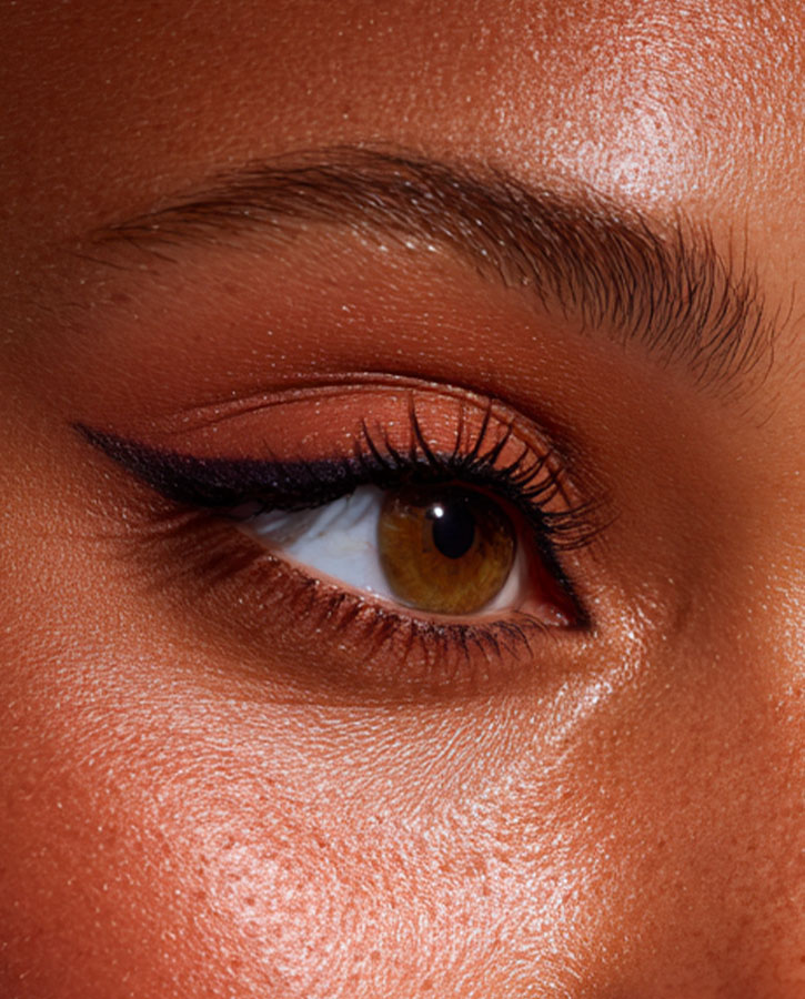 Maquillage yeux tons chauds topaze eyeliner noir look soft latte