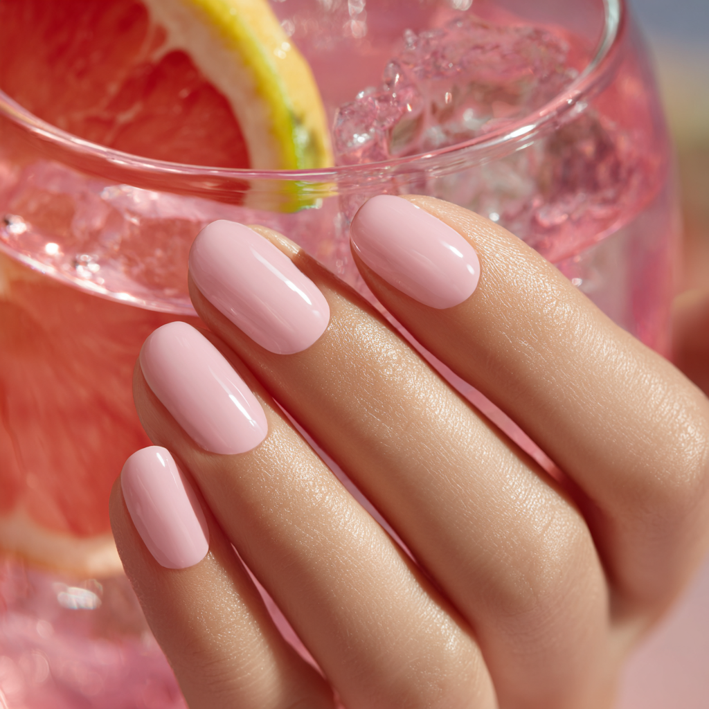 Mano con las uñas pintadas con un gel vegano de color rosa pastel, frente a un vaso helado de pomelo.
