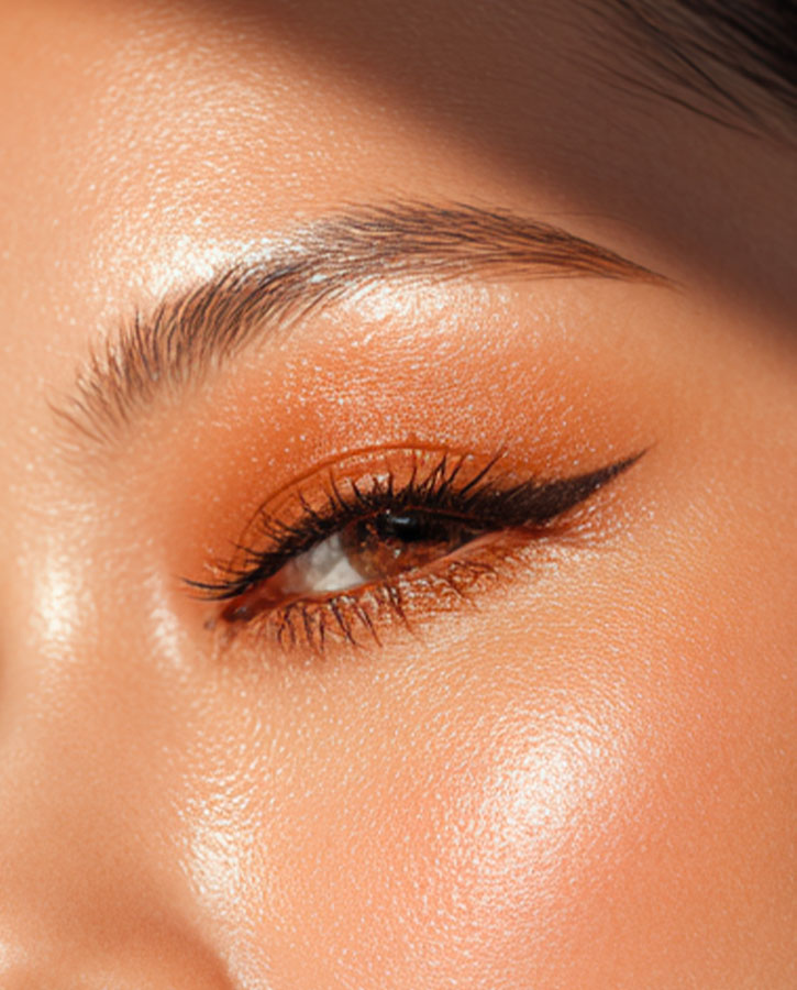 Copper eye make-up Black eyeliner Intense coral look