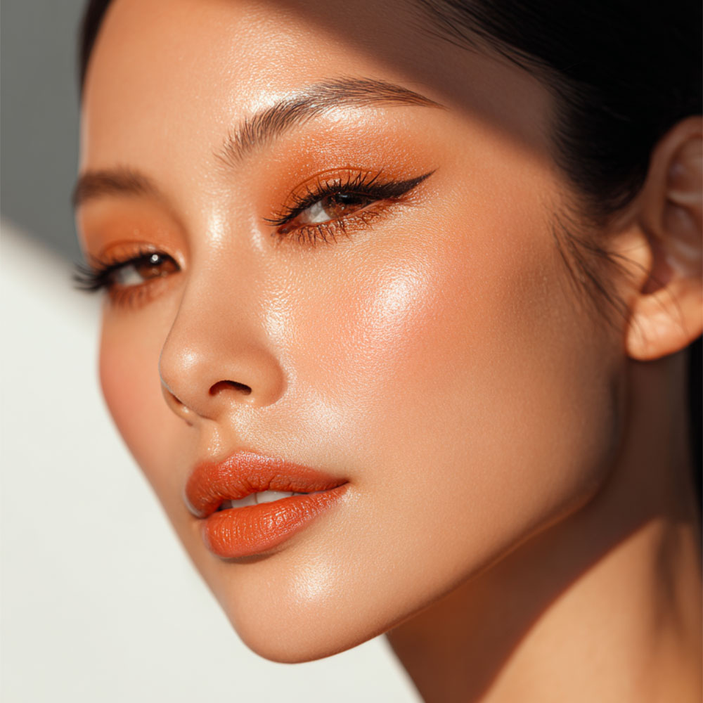 Intense coral make-up look inspired by sun make-up