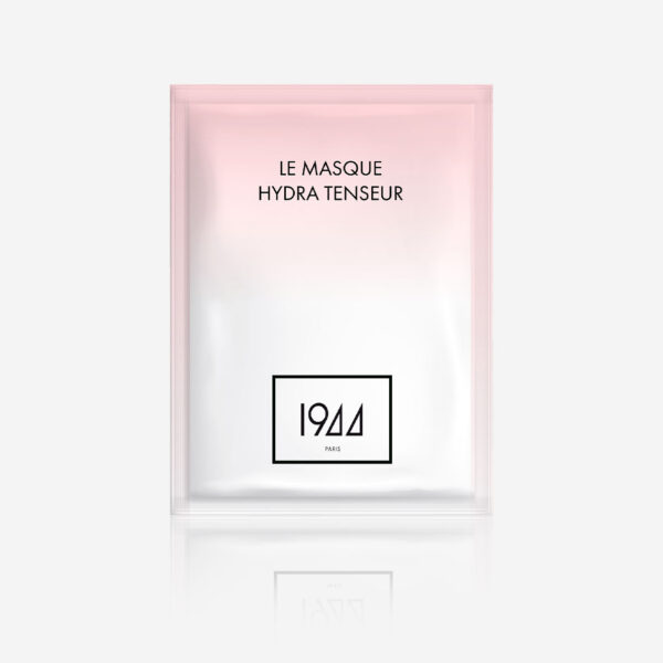 Masque visage Le Masque Hydra Tenseur 1944 Paris en sachet rose clair, présenté sur fond gris minimaliste.