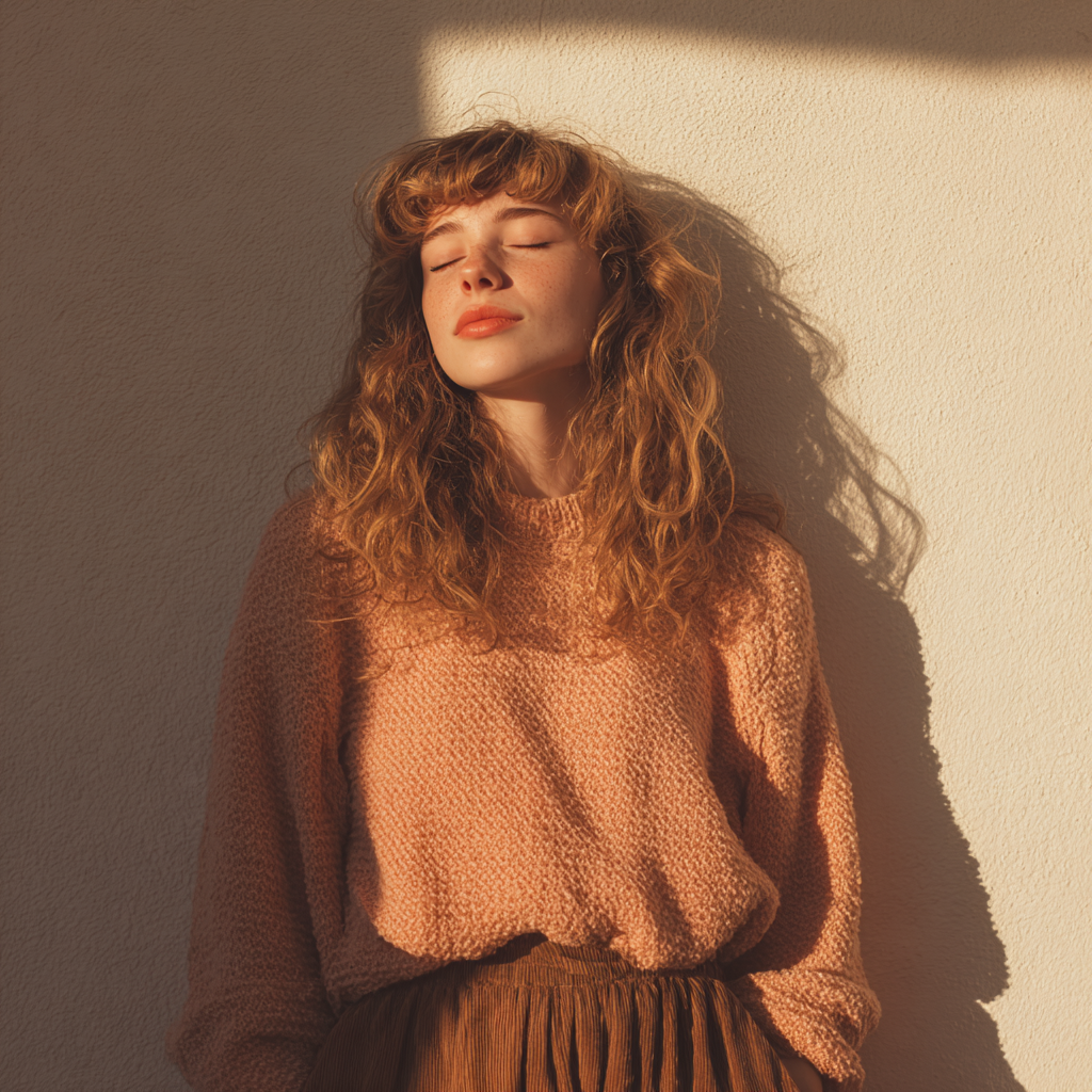 波浪卷发的女子，靠着光墙站立，闭着眼睛，沐浴在金色的光芒中