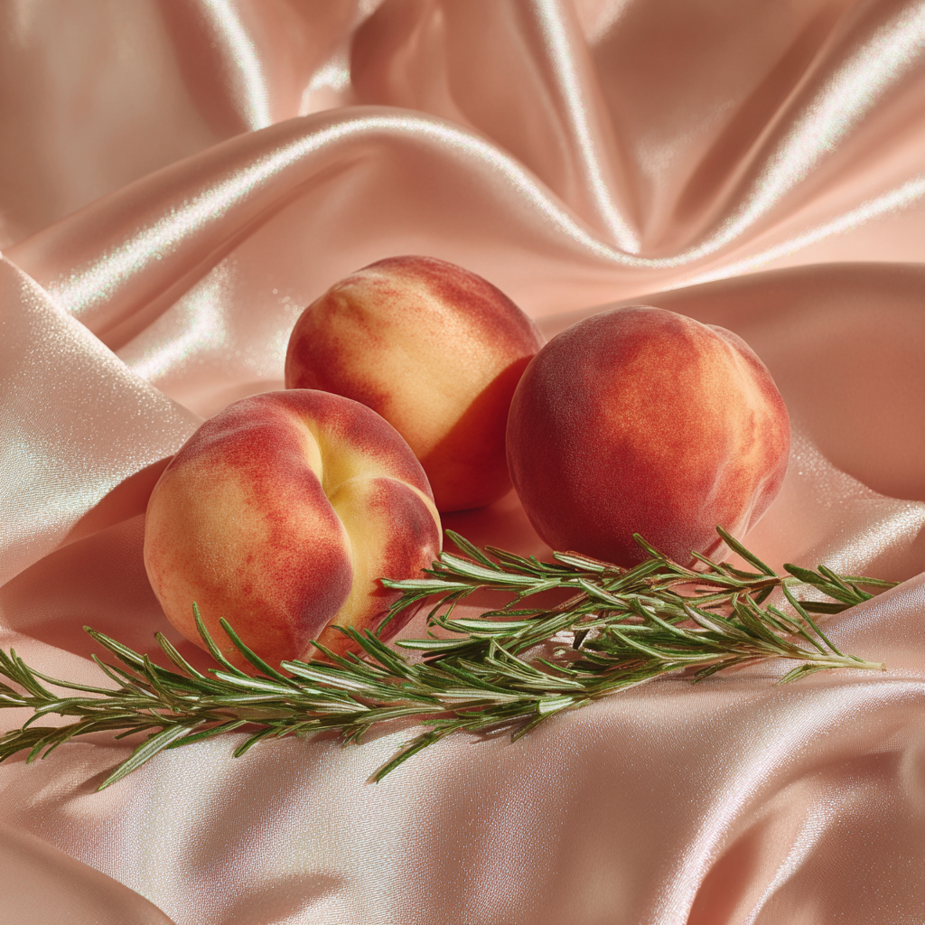 粉色绸缎上的三个桃子，配一枝迷迭香