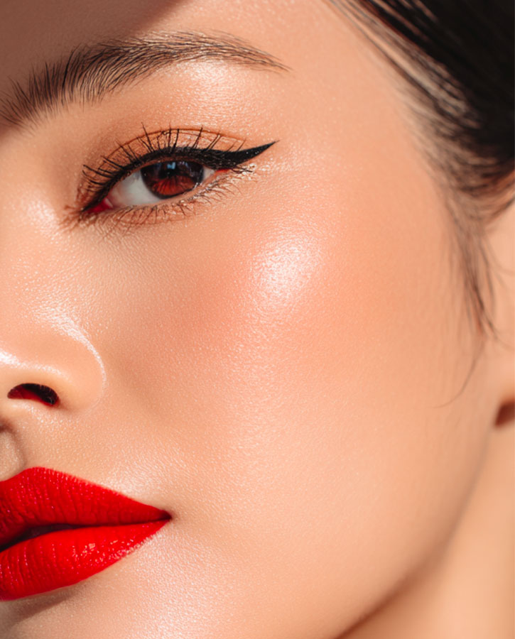 Teint lumineux fond de teint pêche pâle blush corail look rouge fatal