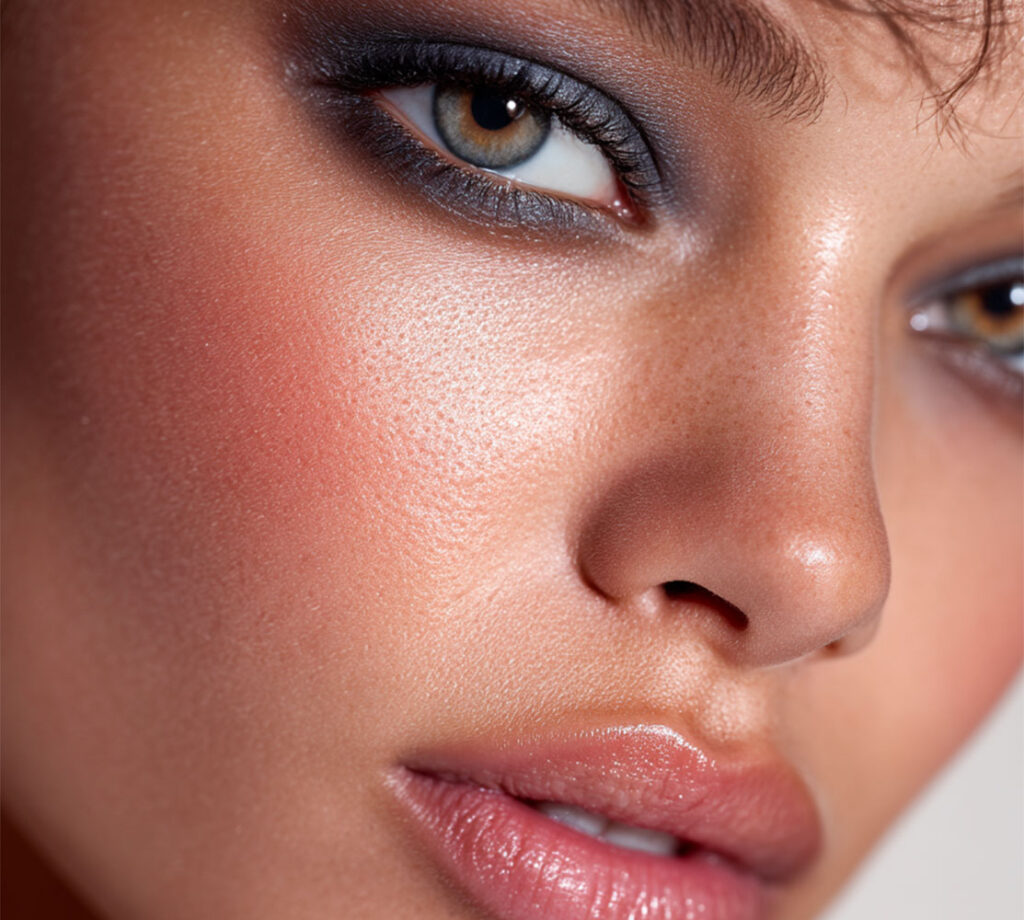 Look smoky blue make-up intense eyes luminous complexion natural lips