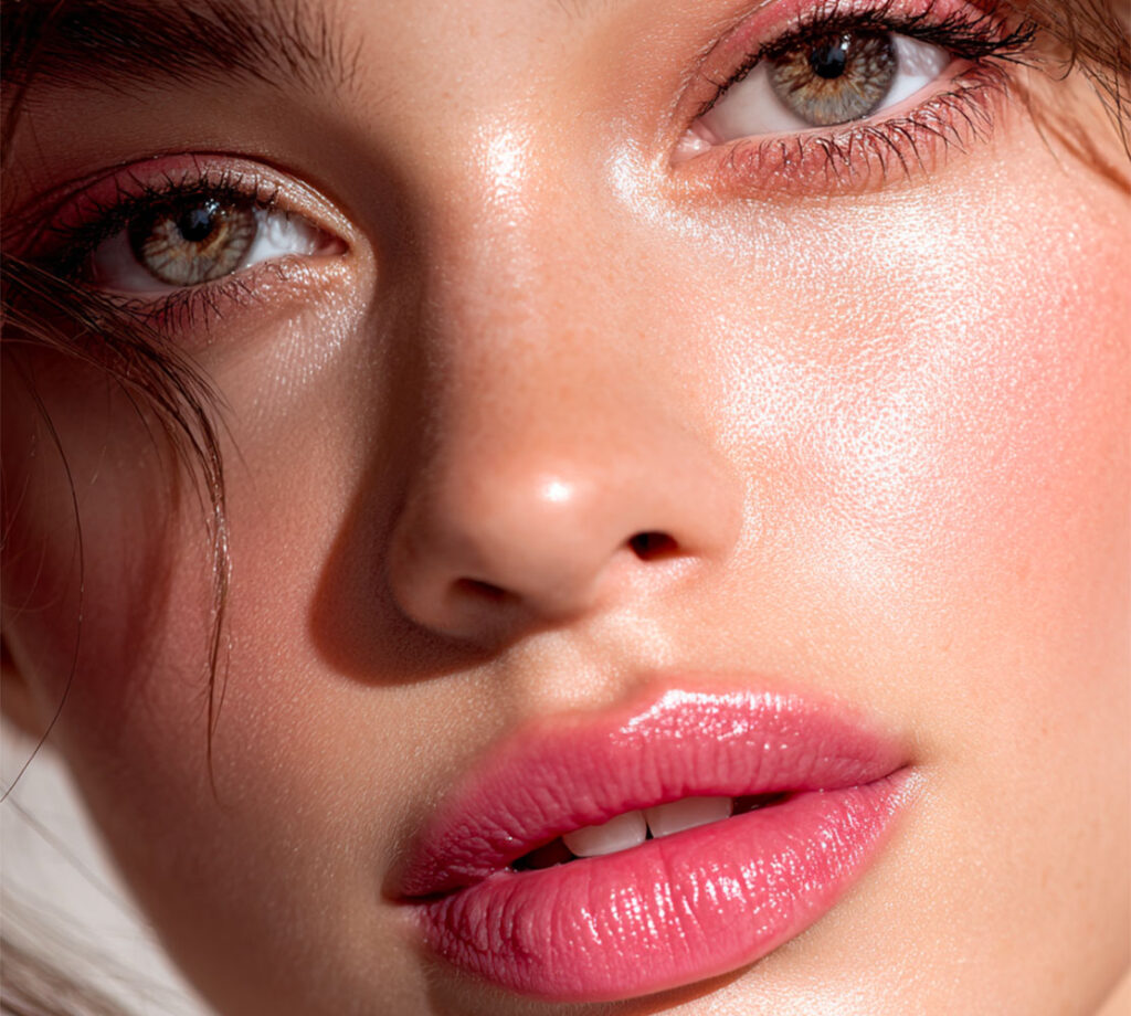 Look rosy glow luminous make-up fresh complexion natural lips