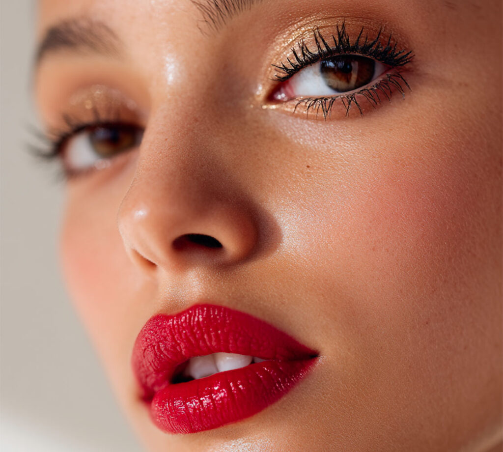 Golden flame look Luminous make-up Golden eyes Glossy lips