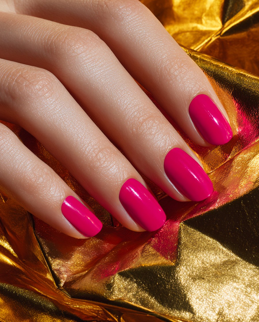 Main féminine aux ongles courts vernis rose fuchsia, posée sur une feuille dorée froissée.