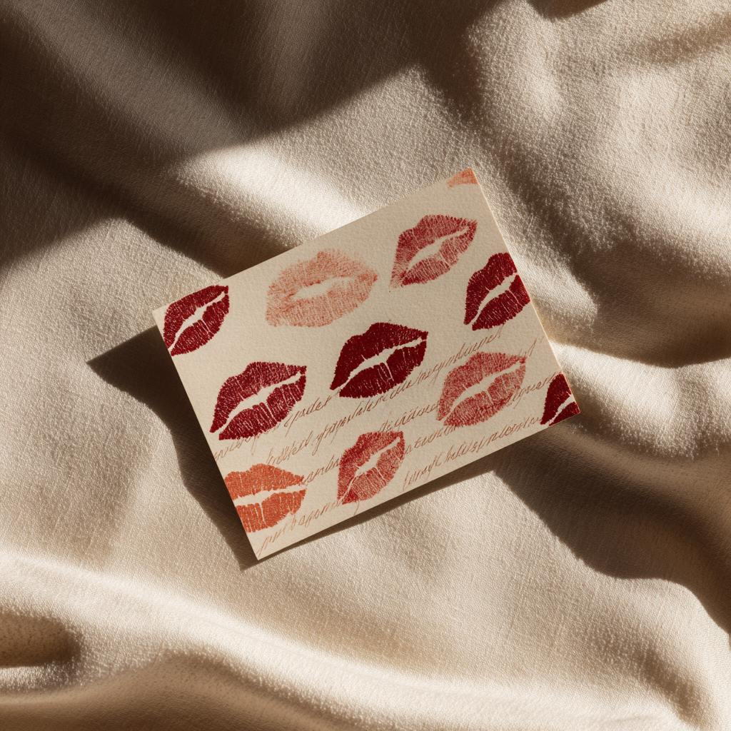 米色绸缎面料上印有红色和裸色唇印的贺卡，灵感来自化妆和优雅的情人节。.