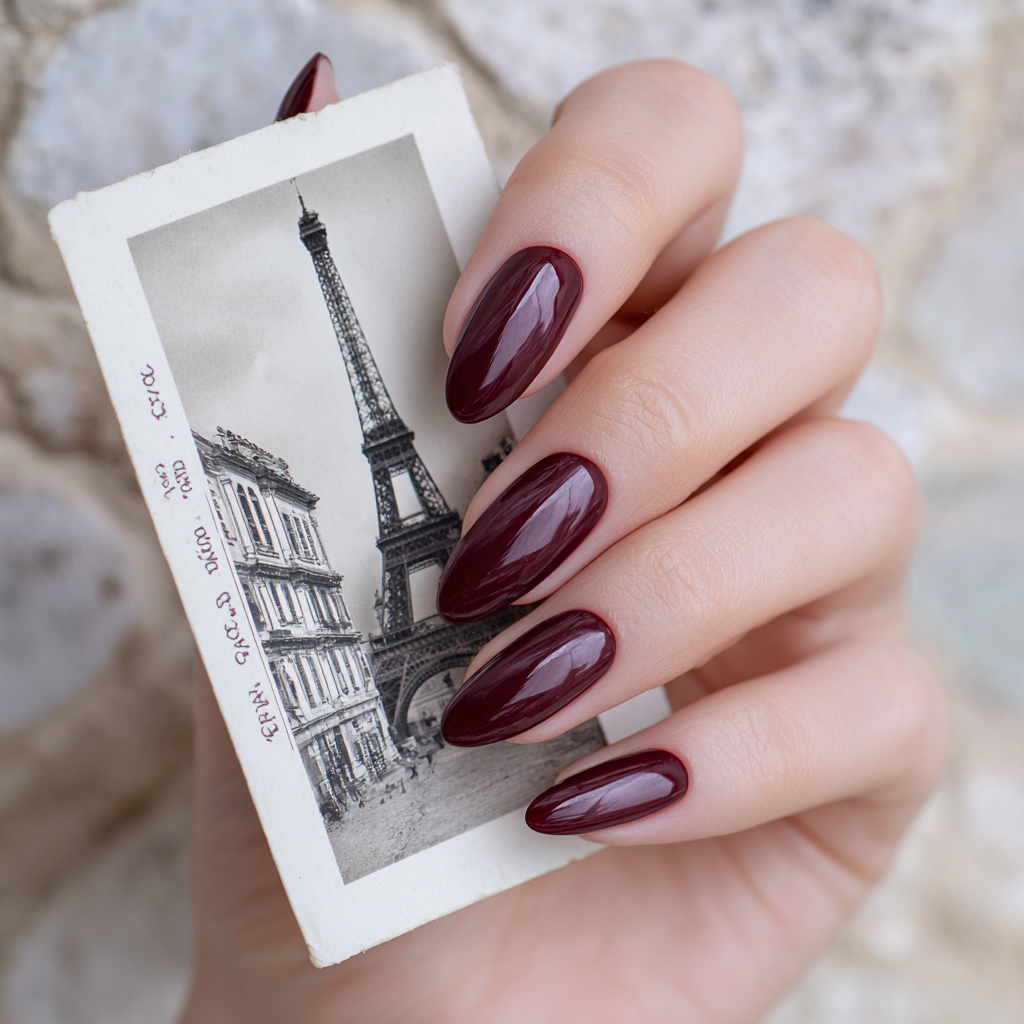Main féminine avec vernis semi-permanent bordeaux intense 1944 Paris, manucure élégante devant une carte postale de Paris