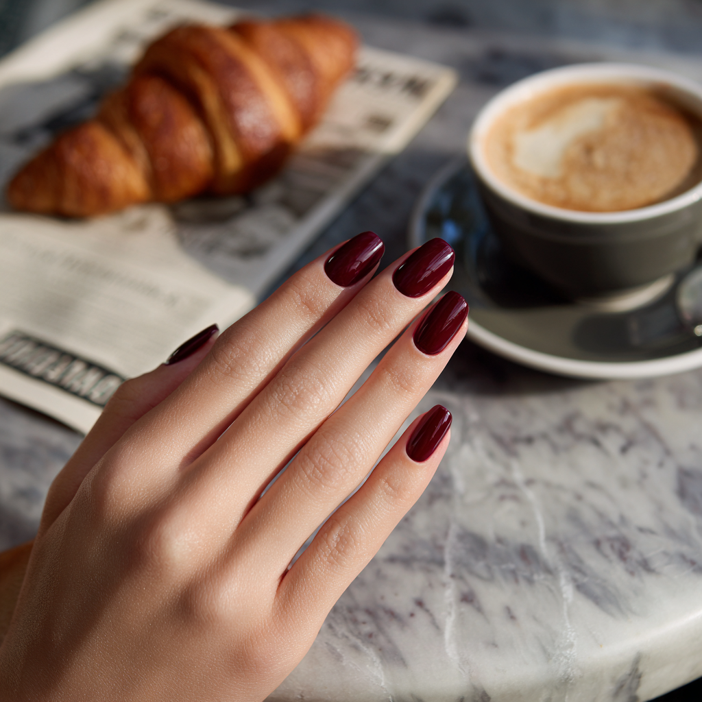 Chic vinröd manikyr med semipermanent lack 1944 Paris, parisisk caféatmosfär med croissant och espresso