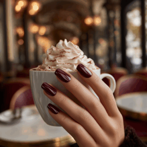 Yarı kalıcı vernikle derin bordo manikür 1944 Paris, Paris kafesinde bir fincan kafe kreması tutan el