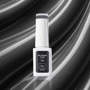 1944 Paris vegan semi-permanent gel varnish in Noa, an elegant deep grey, presented on a satin grey textured base.