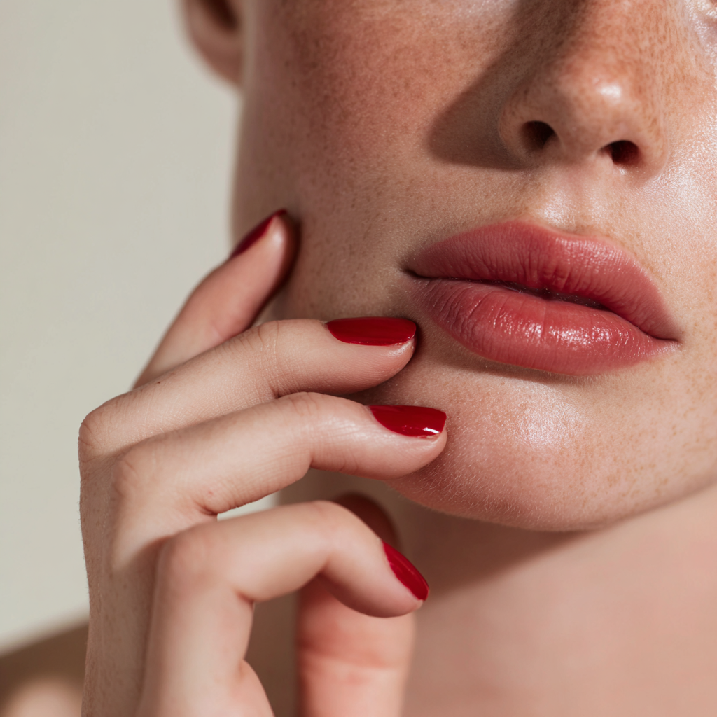 自然妆容的嘴唇特写和亮丽的红色修甲，为情人节带来性感优雅的美妆灵感。.