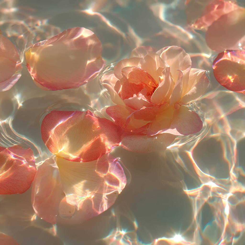Pétales de fleurs nude rosé flottant dans l’eau avec reflets lumineux, inspiration douceur et transparence beauté