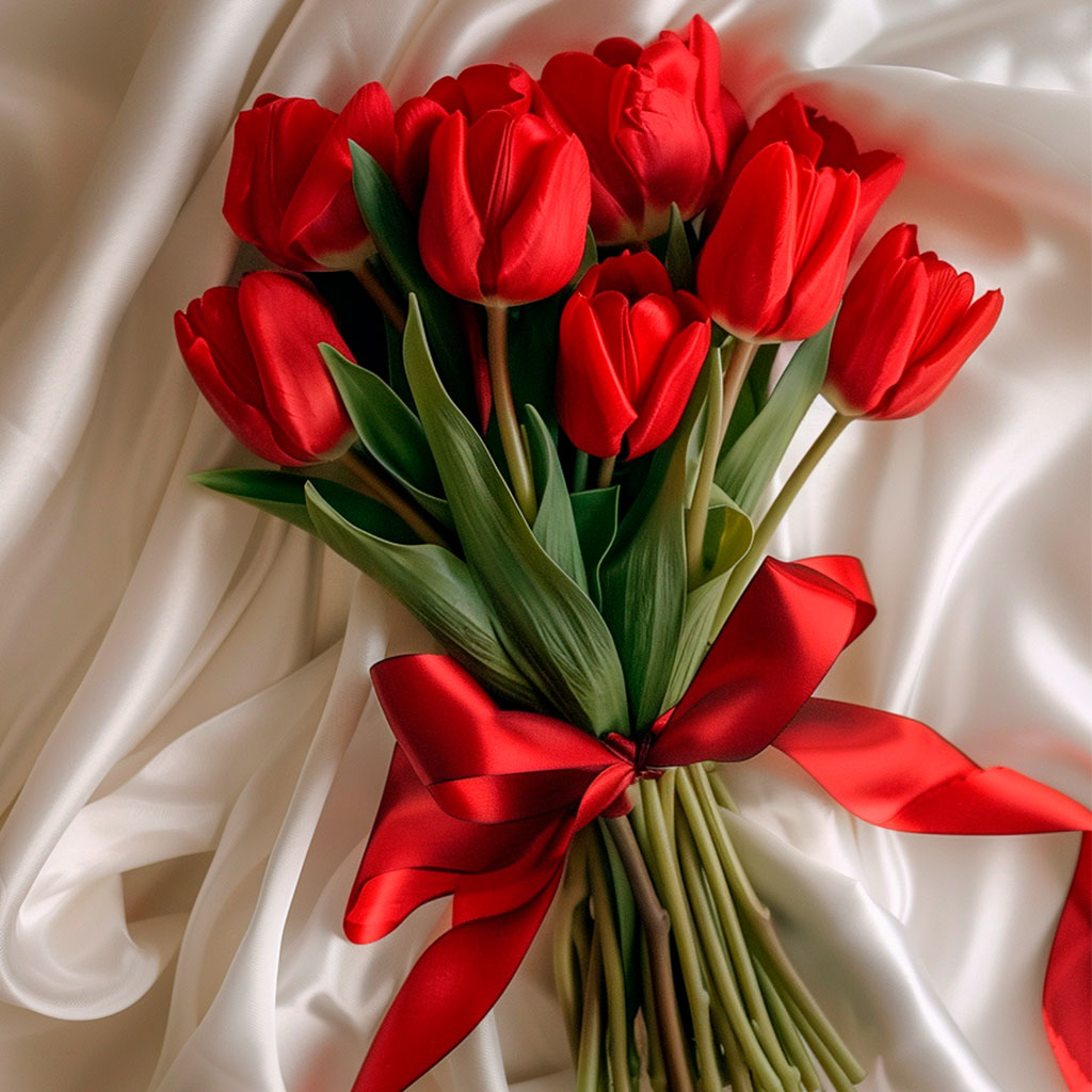 白色织物背景上用缎带系着一束红色郁金香，优雅而浪漫的情人节灵感。.