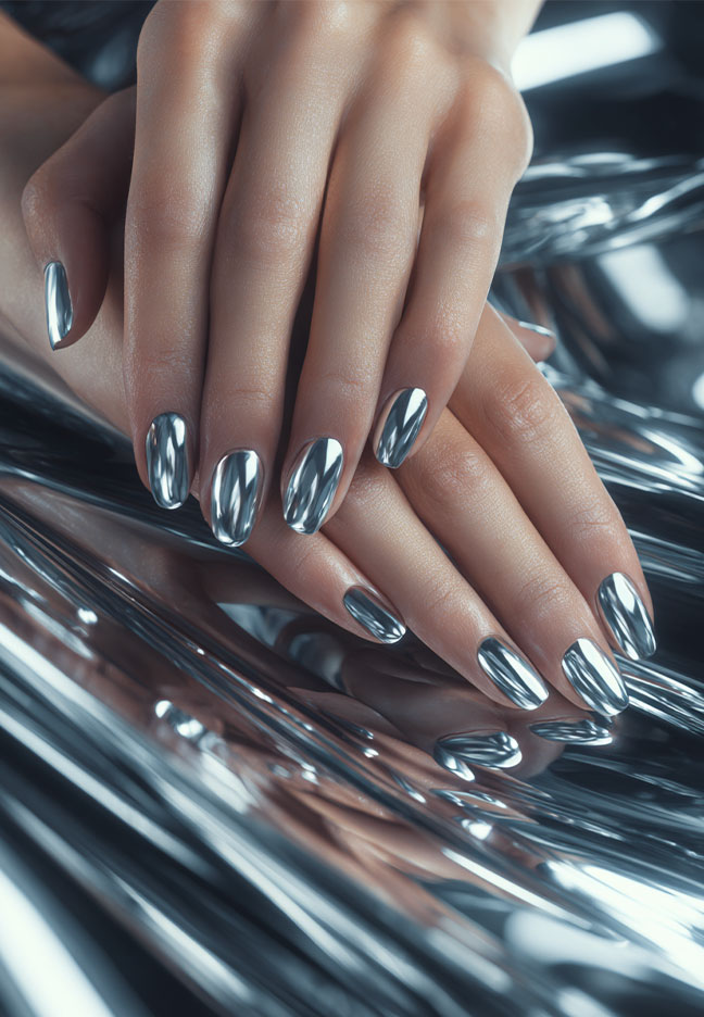 Ongles chrome effet miroir – technique enseignée en formation 1944 Paris