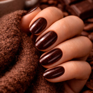 Móng tay màu nâu sô cô la lấp lánh với hạt cà phê làm nền – Bộ sưu tập Sô cô la