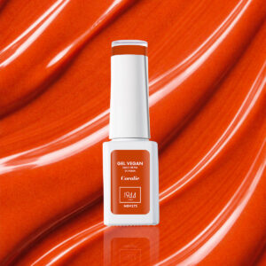 Bottle of Coralie NGV275 bright orange coral vegan gel nail varnish on a bright textured coral base.
