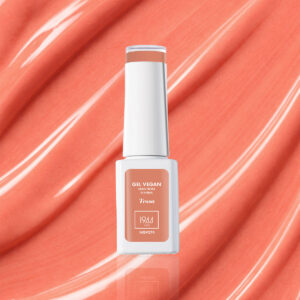 Flacon de vernis gel vegan rose corail doux teinte Tessa NGV274 sur fond rose corail brillant.