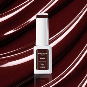 Flacon de vernis gel vegan brun chocolat profond teinte Mocha NGV279 sur fond texturé brillant bordeaux foncé.