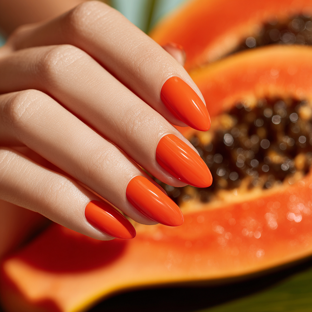 Main avec manucure orange intense en vernis semi-permanent devant une tranche de papaye