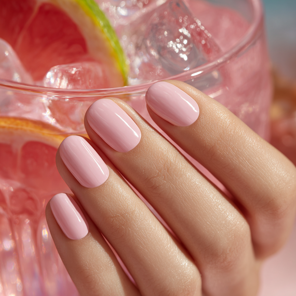 Main avec manucure rose nude ent gel vegan, tenue brillante et naturelle.