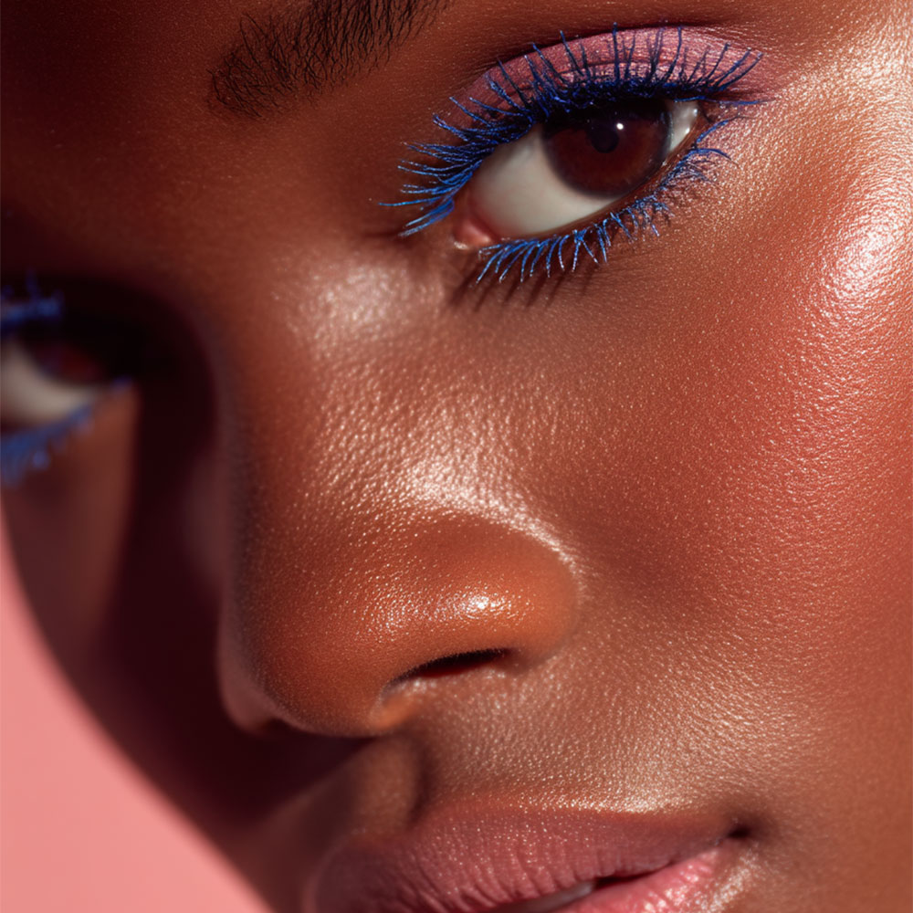 look bleu electrique maquillage mascara bleu peau lumineuse glow naturel