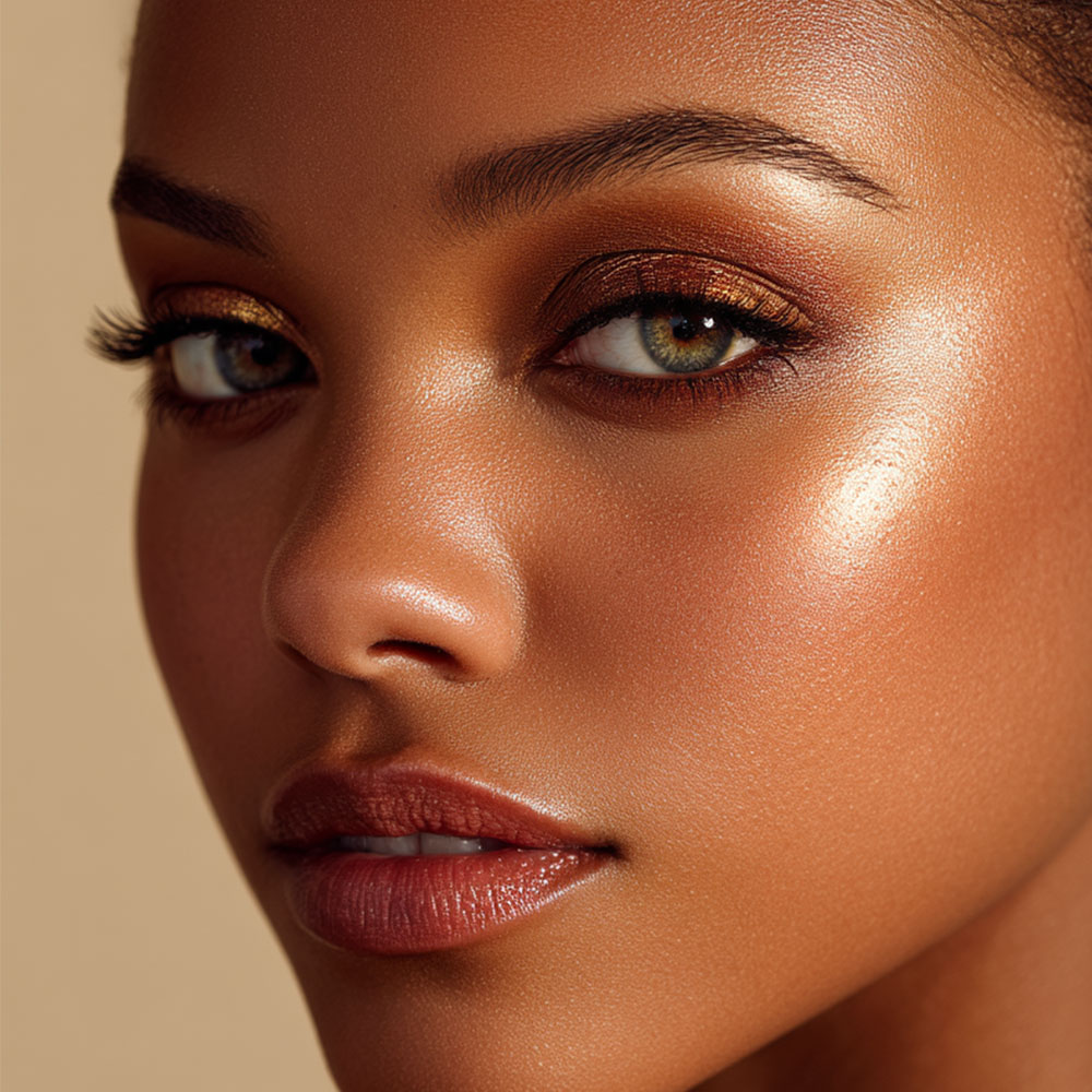 look bronze élégant maquillage lumineux peau dorée yeux bronze lèvres satinées