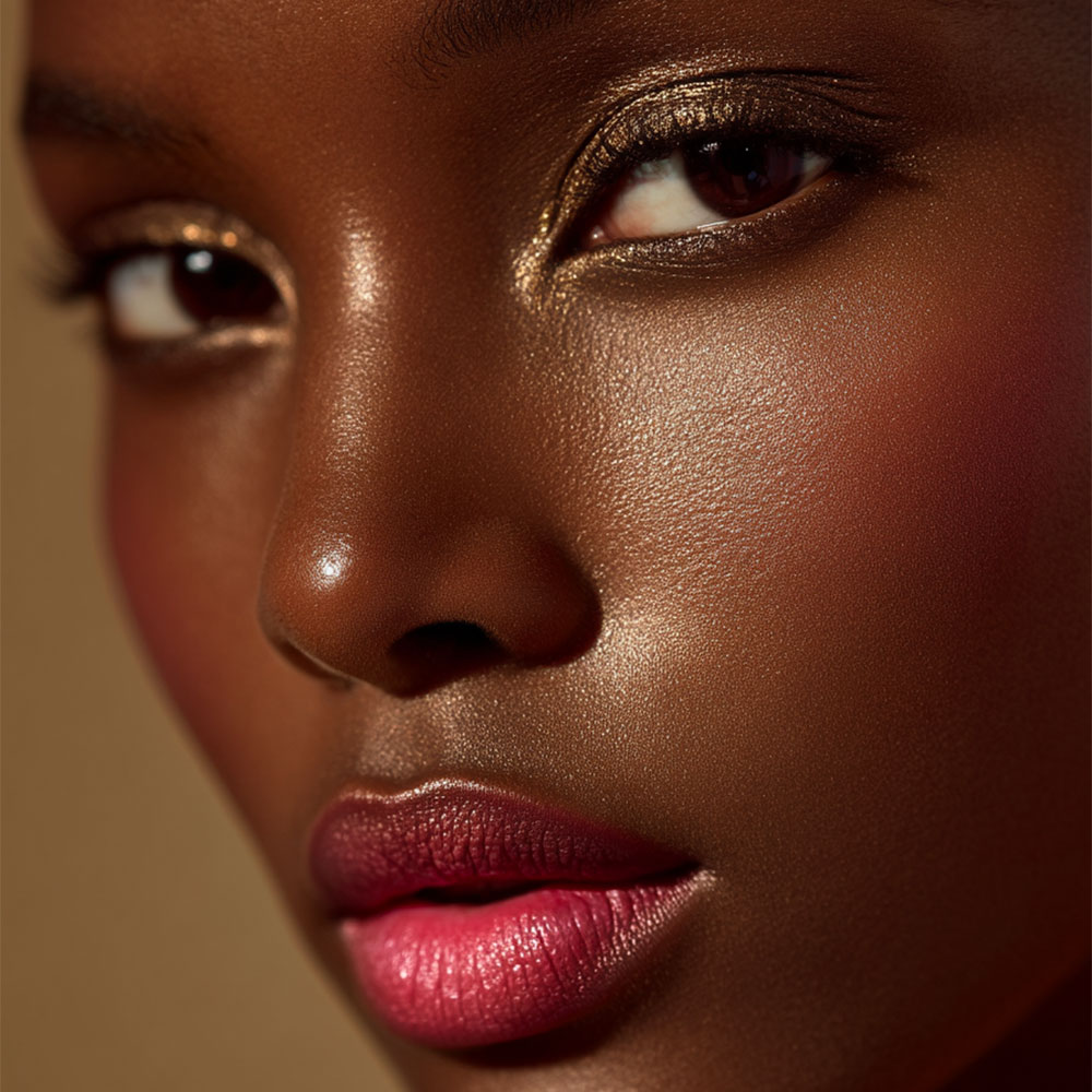 look eclat mystique maquillage lumineux doré peau glow lèvres satinées