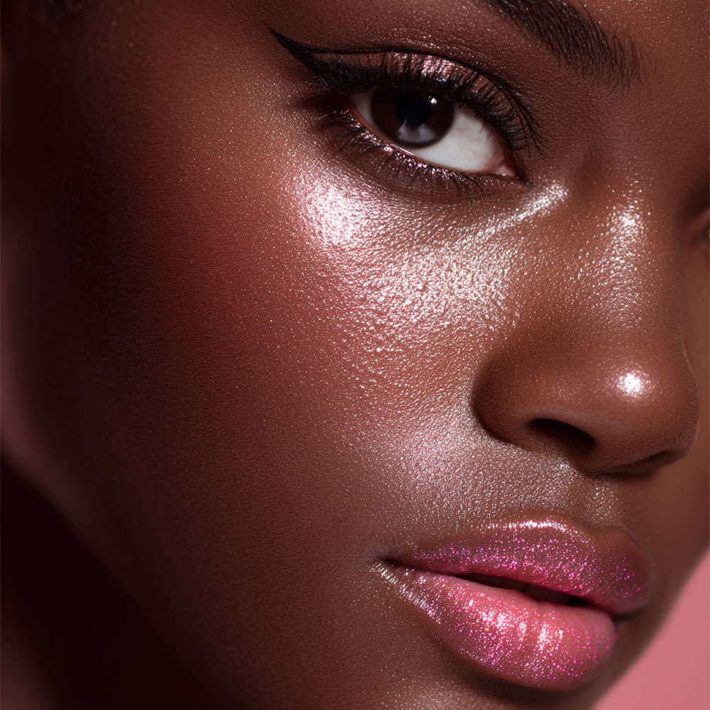 Look glow rosé intense maquillage peau lumineuse glossy lèvres brillantes