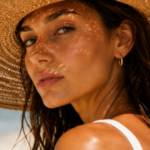 Porträt einer Frau mit Strohhut, deren strahlende Haut durch die Foundation „SPF50 Glow“ im Sonnenlicht geschützt wird.