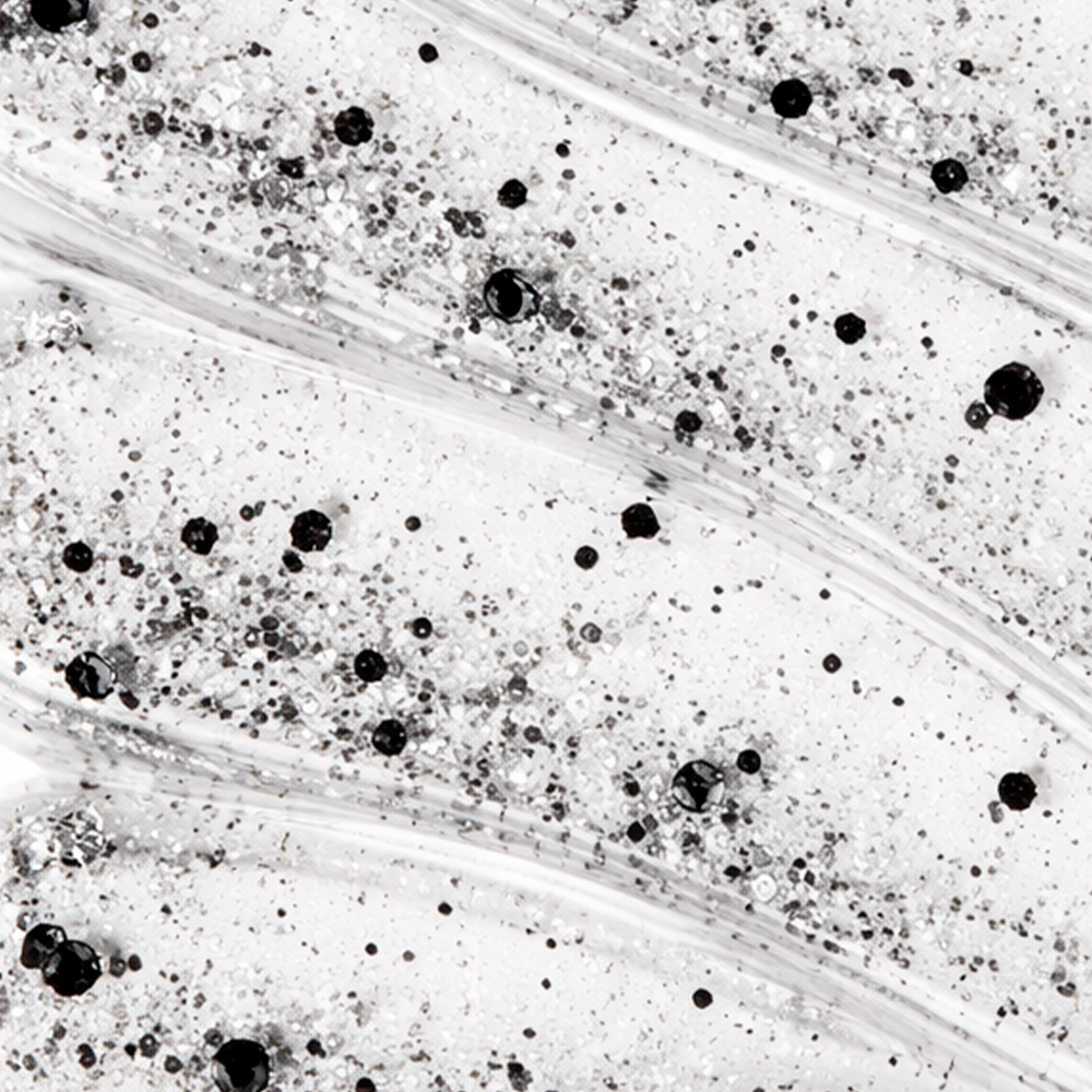 透明面漆，带有黑色和银色闪粉，具有光泽效果和流动质感