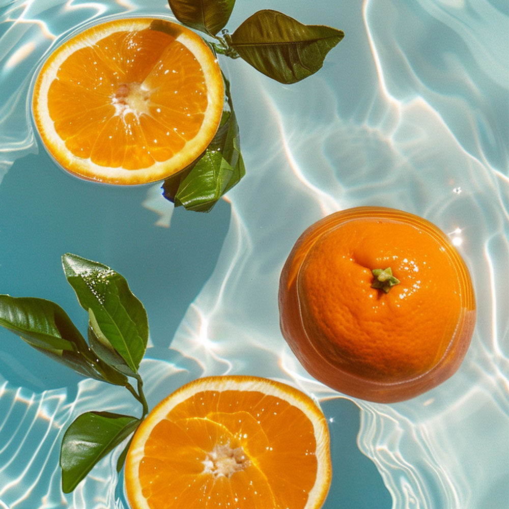 Fresh oranges and leaves in water - natural facial care ingredient