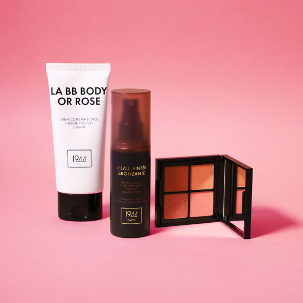 Coffret éclat naturel 1944 Paris avec BB Body illuminateur, eau teintée bronzante et palette yeux sur fond rose