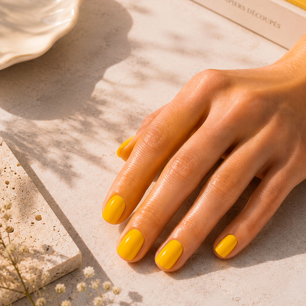 Manucure jaune néon réalisée avec les gels vegan professionnels 1944 Paris