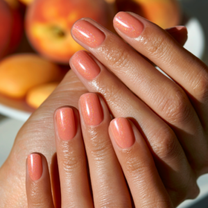 Mains aux ongles pêche scintillants portant le Gel Vegan Sidonie 1944 Paris.