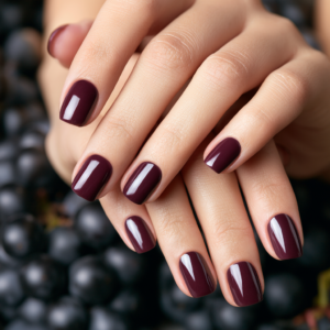 Mains aux ongles courts portant le Gel Vegan Nine 1944 Paris, dans une teinte bordeaux profonde.
